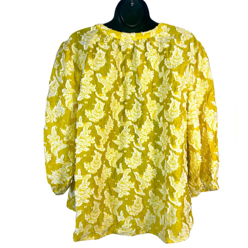 Lemon yellow Jacquard 3D white floral peasant tunic tassel v-neck 3/4 sleeve - Picture 3 of 11